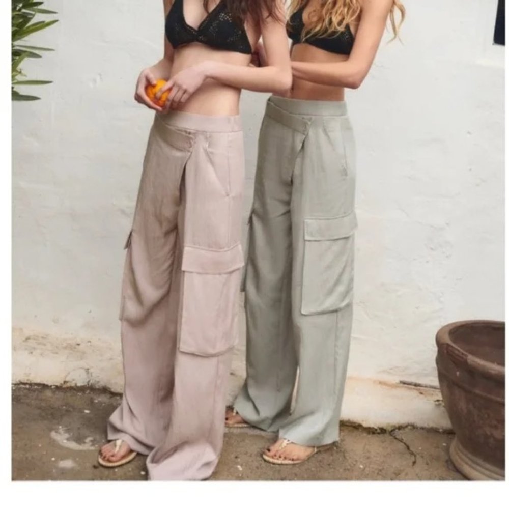 Zara Wide Leg Full Length Cargo Asymmetrical Pants Trousers Lavender Size L